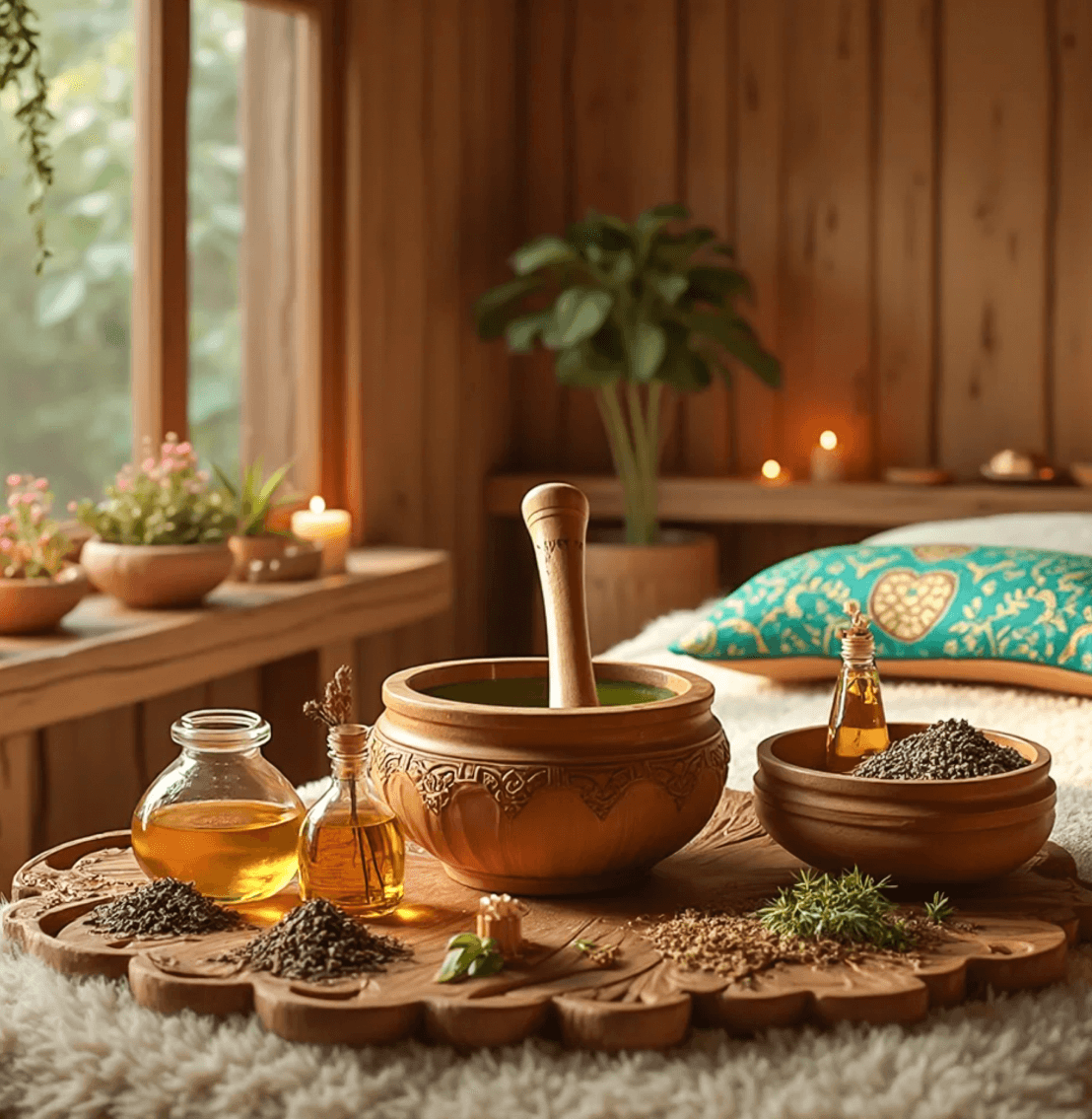 Traditional Ayurvedic preparation, herbs, mortar, and daily practice elements