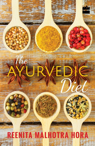 The Ayurvedic Diet book cover by Reenita Malhotra Hora, with spices on wooden spoons