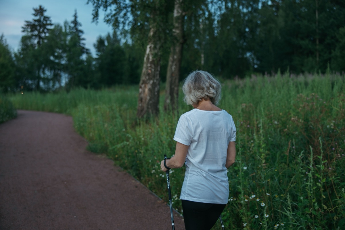 A woman with grey hair, seen from behind, walks with poles beside a path through tall summer grass