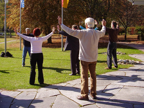 Group of people standing on grass in an autumn park with arms raised, practicing qigong