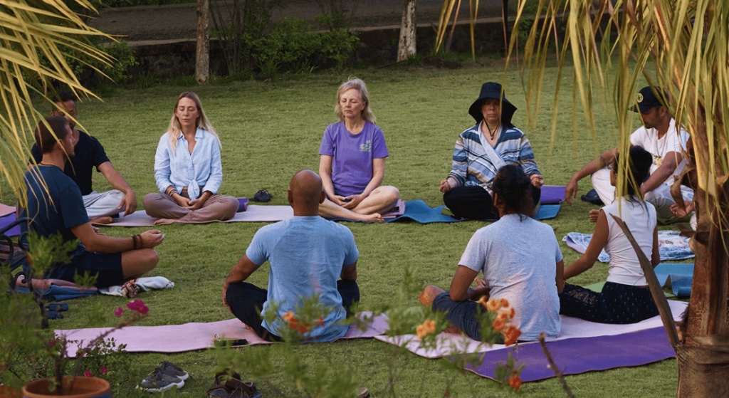 A morning group session on the lawn