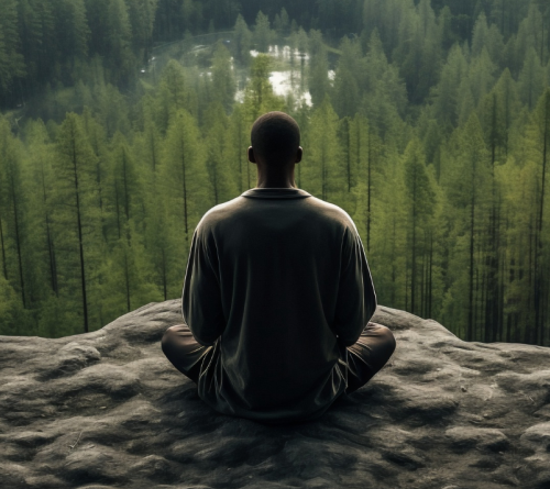 Man seen from behind meditating cross-legged on a rock overlooking a pine forest