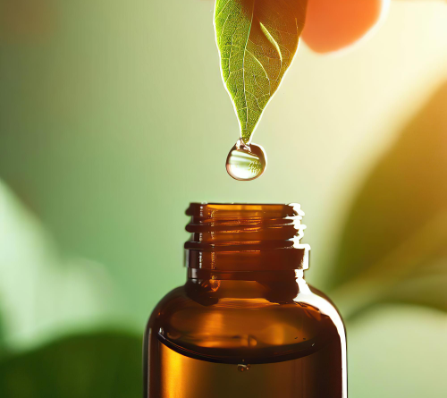 Drop of oil falling from the tip of a green leaf into an amber glass bottle