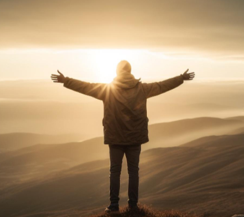 Person standing on a hilltop with arms spread wide facing the sunrise