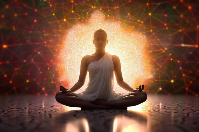 Figure meditating in lotus pose before a glowing light and a network of connected points