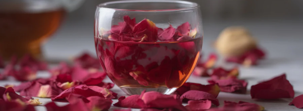Glass cup of rose tea filled with red rose petals, more petals scattered on the table