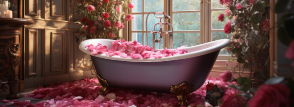 Clawfoot bathtub filled with pink rose petals, petals covering the floor by a window