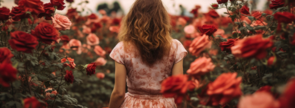 Woman with wavy hair seen from behind walking through a field of red and pink roses