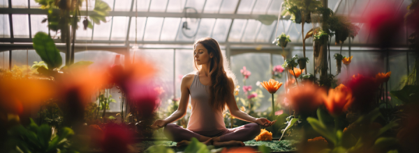 Woman meditating cross-legged among flowers in a sunlit greenhouse