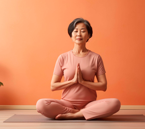 Woman in a pink outfit meditating cross-legged on a mat with palms pressed together