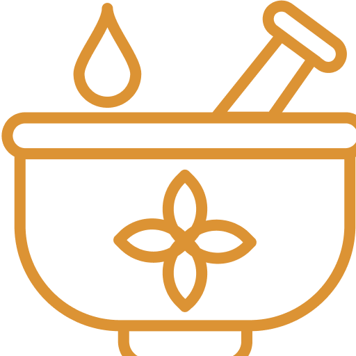 Gold line icon of a mortar and pestle with a flower design and an oil drop