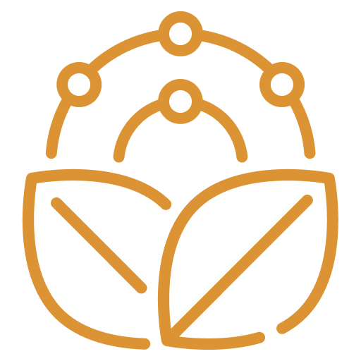 Gold line icon of two leaves beneath an arc of connected dots