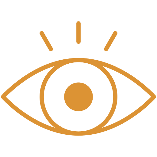 Gold line icon of an open eye with light rays above it