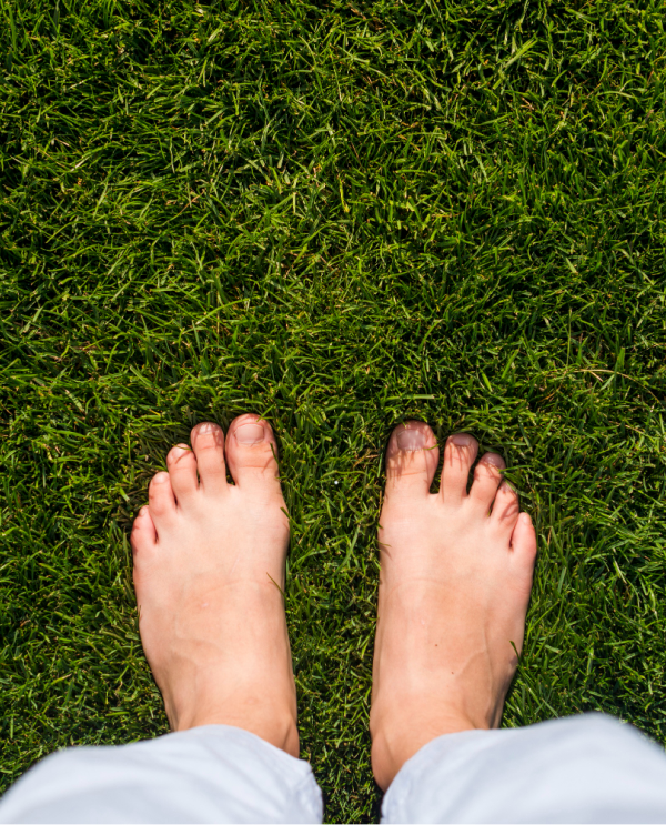 Looking down at bare feet standing on green grass