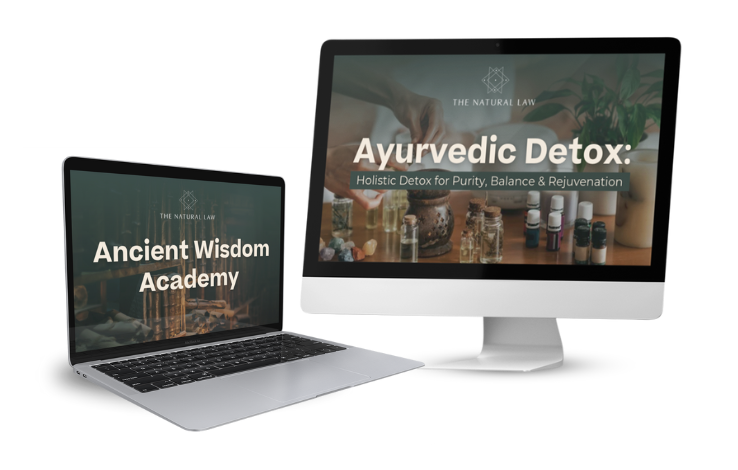 Laptop showing Ancient Wisdom Academy and a desktop screen reading Ayurvedic Detox: Purity, Balance & Rejuvenation