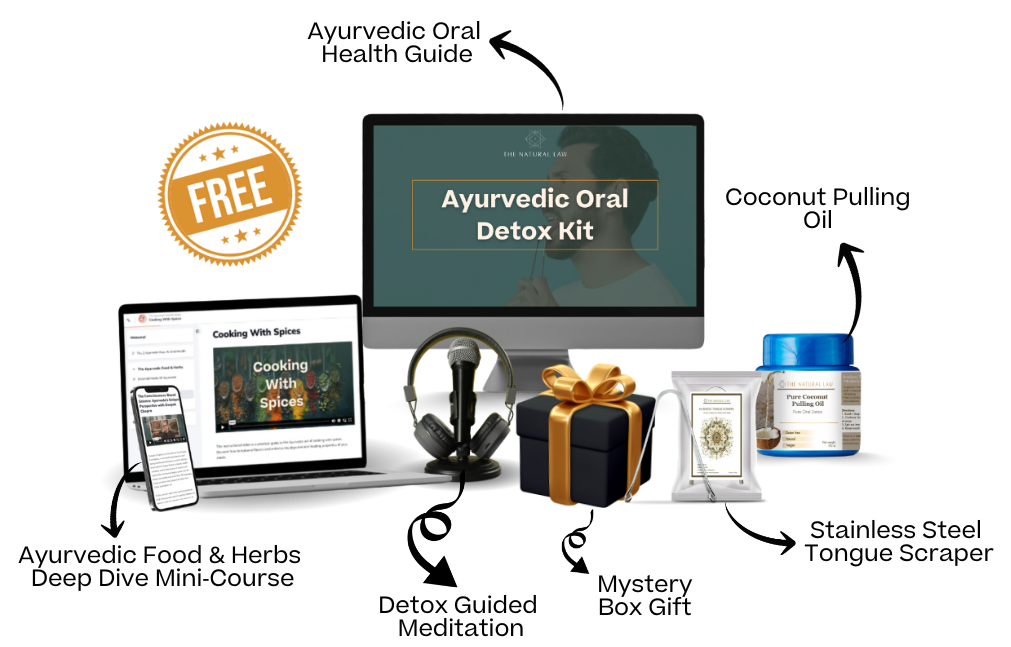 Free Ayurvedic Oral Detox Kit: guide, coconut pulling oil, tongue scraper, mystery gift, meditation and mini-course