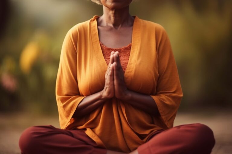 Woman in an orange tunic seated cross-legged with palms pressed together at her chest