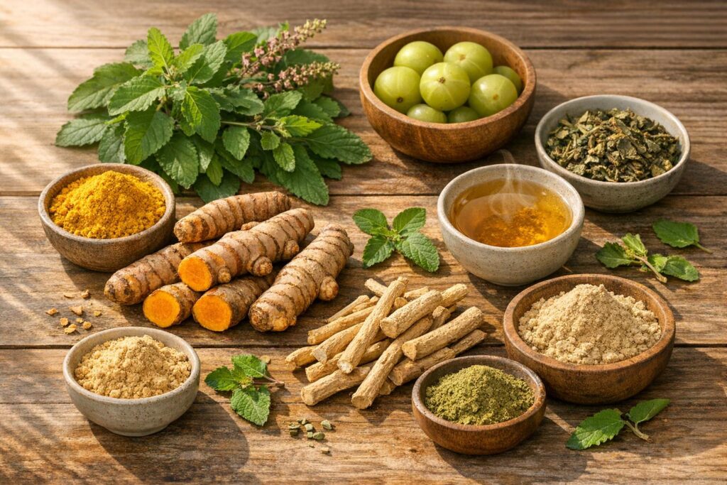 Ayurvedic herbs on wood: tulsi, fresh turmeric root, amla fruits, ashwagandha roots, powders and herbal tea