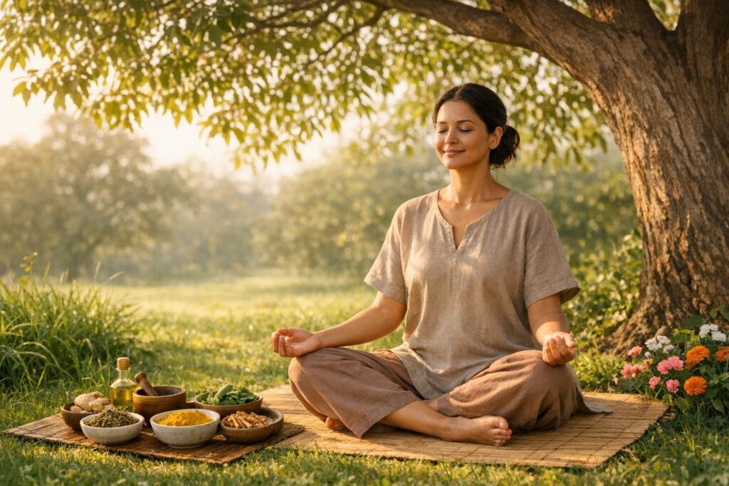 Woman meditating cross-legged on a mat under a tree, with bowls of herbs and spices beside her
