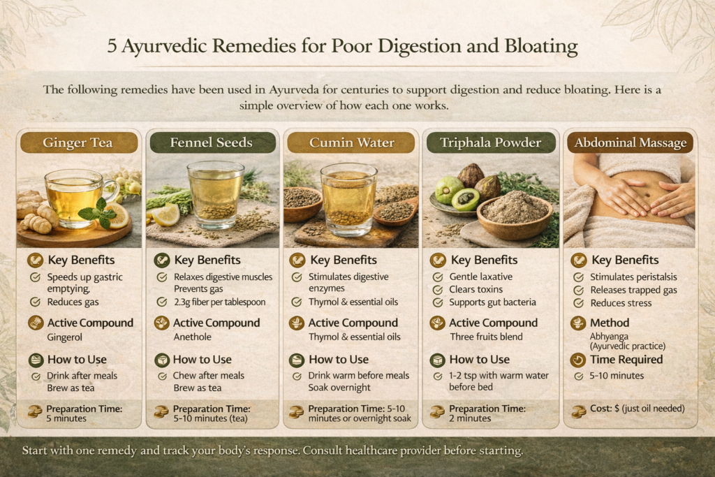 Infographic of 5 Ayurvedic remedies for digestion: ginger tea, fennel, cumin water, Triphala, abdominal massage
