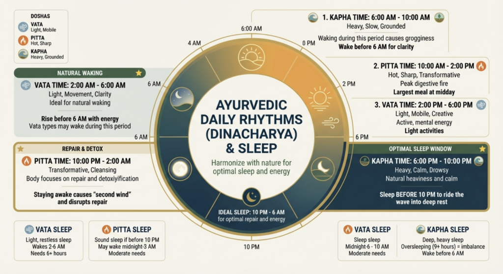 Circular chart of Ayurvedic daily rhythms (Dinacharya) and sleep, mapping Kapha, Pitta and Vata times of day