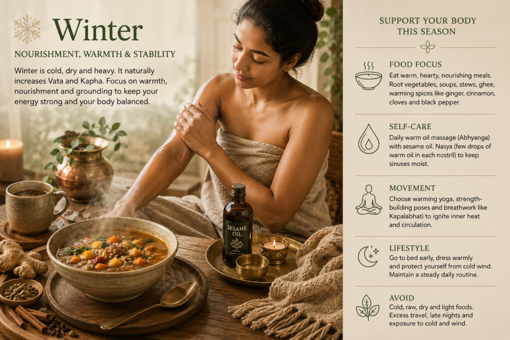 Winter Ayurveda guide: woman applying sesame oil beside lentil stew, with food, self-care and movement tips