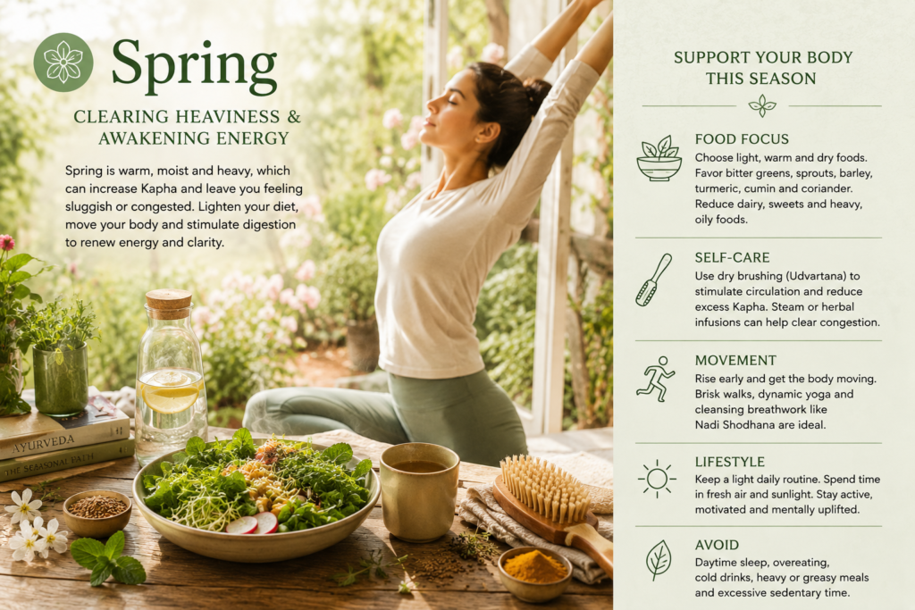Spring Ayurveda guide: woman stretching outdoors by a sprout salad and dry brush, with tips to clear Kapha