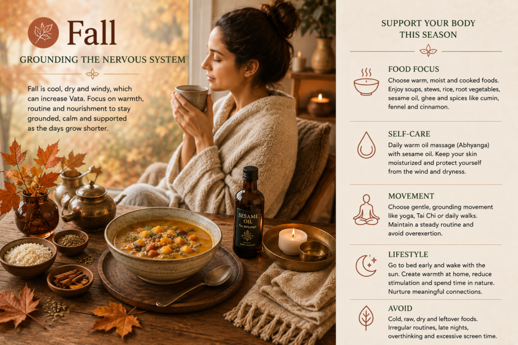 Fall Ayurveda guide: woman sipping tea by autumn window, stew and sesame oil, with tips for grounding Vata