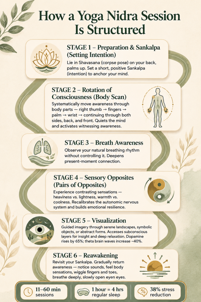 Infographic of the six Yoga Nidra stages, from Sankalpa and body scan to visualization and reawakening
