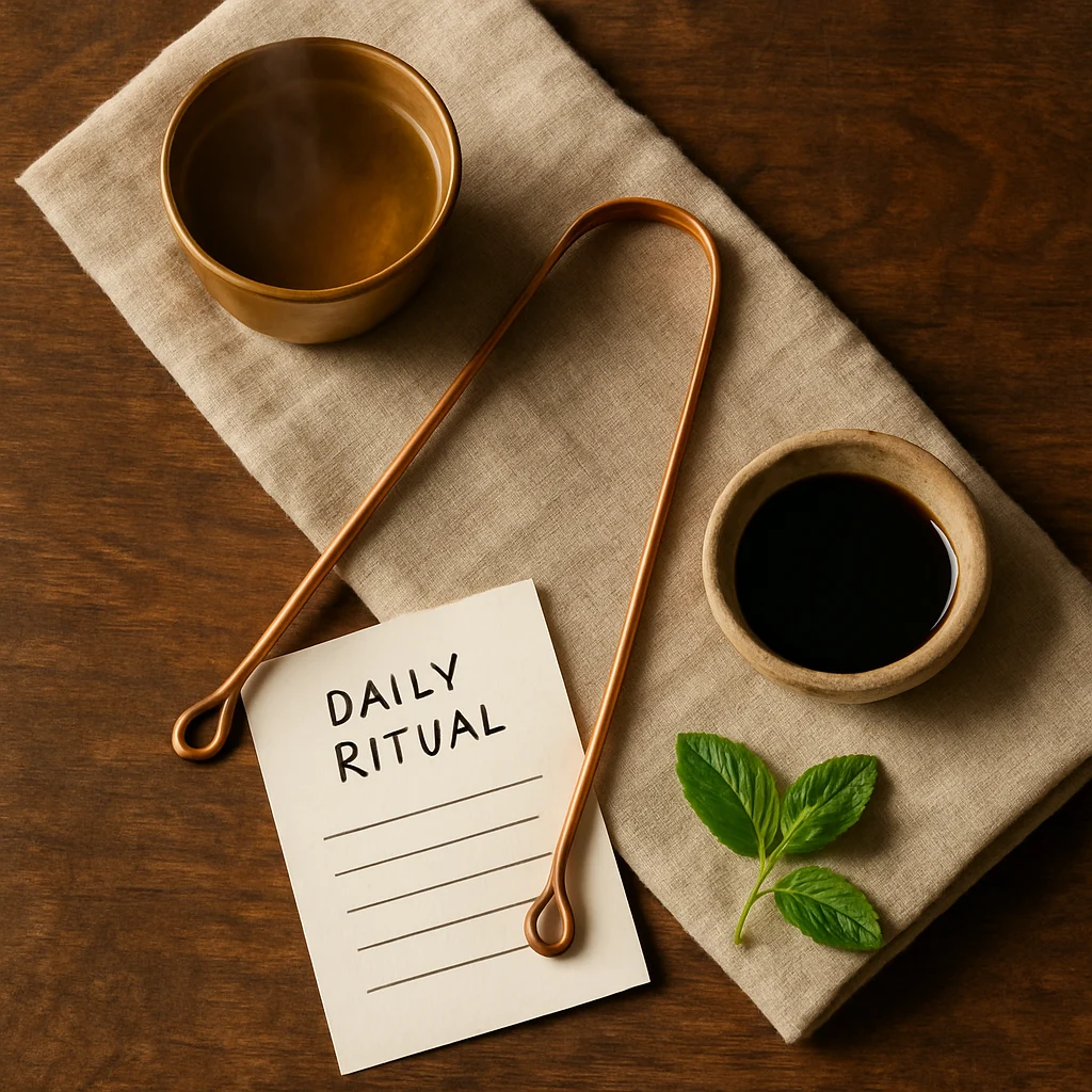 The morning ritual setup, copper tongue scraper, warm water, daily card