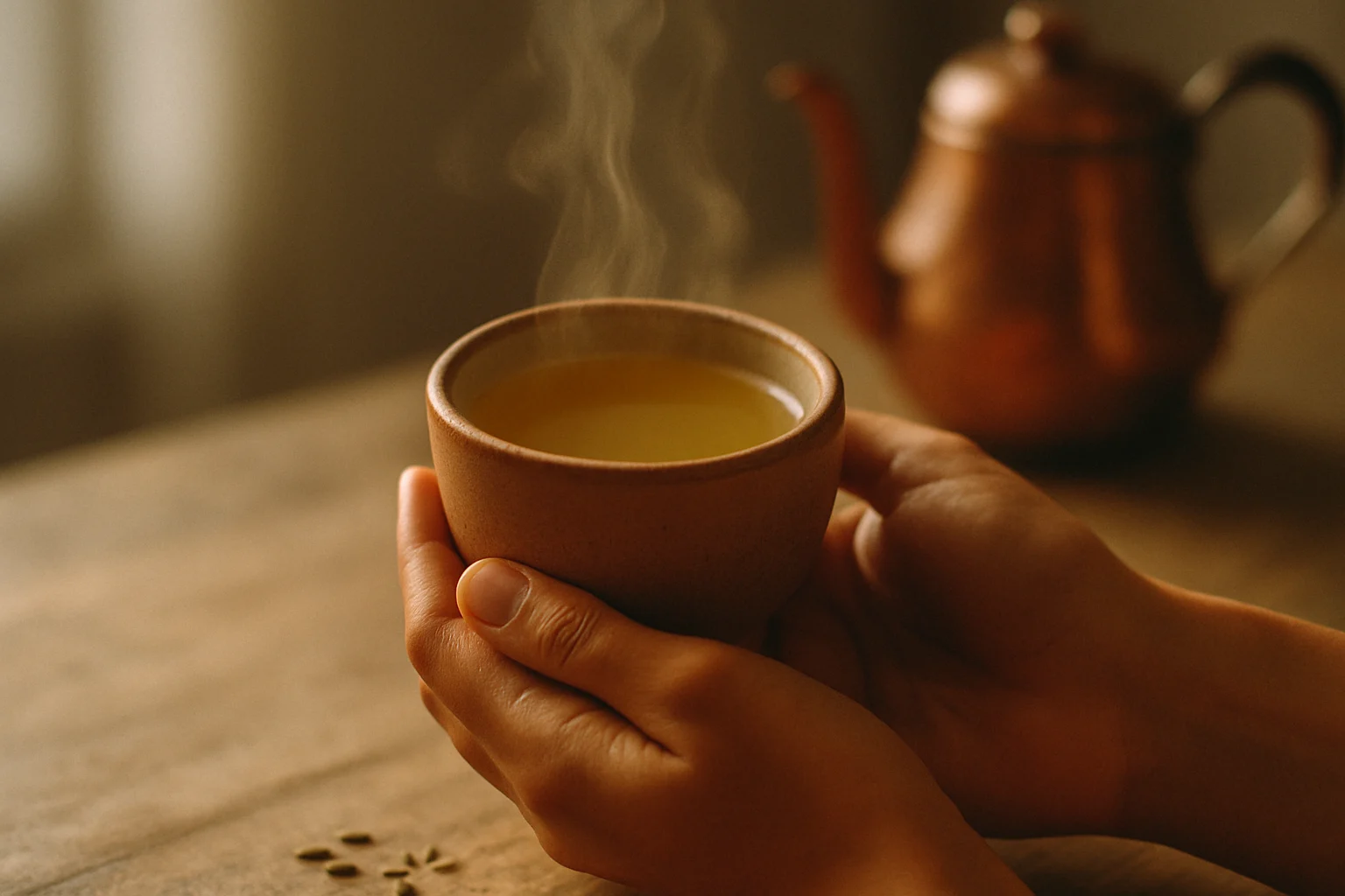 Hands cradling a warm cup of ginger tea, the Gut Reset opens here