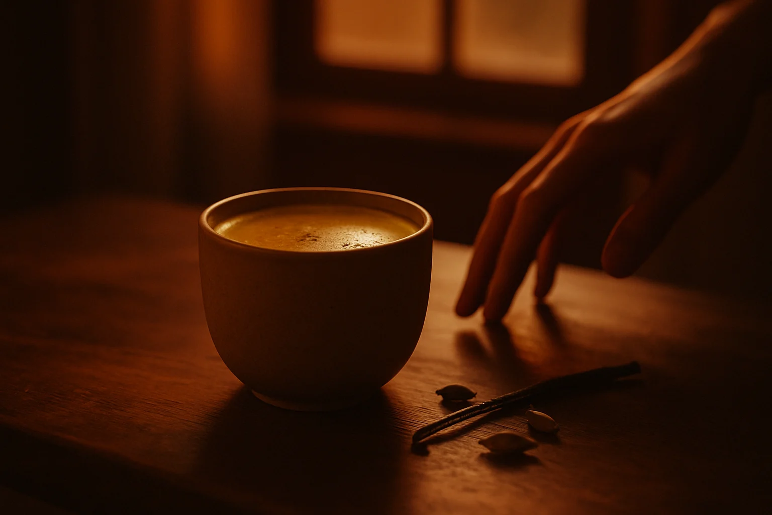 Warm spiced milk at dusk, the evening wind-down (ratricharya)